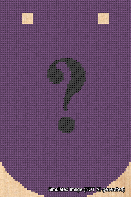 A simulated image of the stitched needlepoint design: Banner 18m Curved Question Black on Purple. Not A.I. generated.