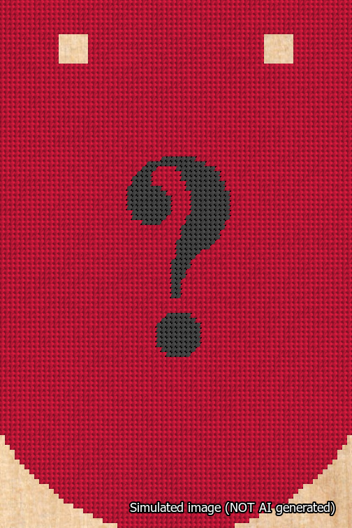 A simulated image of the stitched needlepoint design: Banner 18m Curved Question Black on Red. Not A.I. generated.
