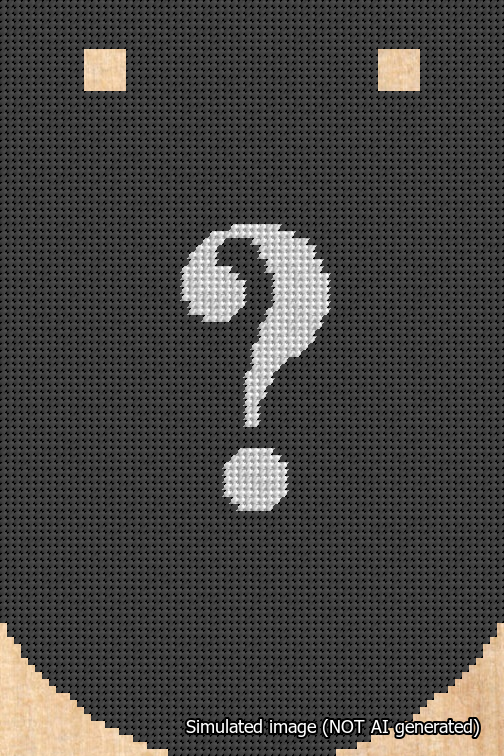 A simulated image of the stitched needlepoint design: Banner 18m Curved Question White on Black. Not A.I. generated.