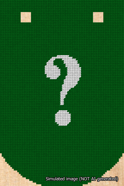 A simulated image of the stitched needlepoint design: Banner 18m Curved Question White on Green. Not A.I. generated.
