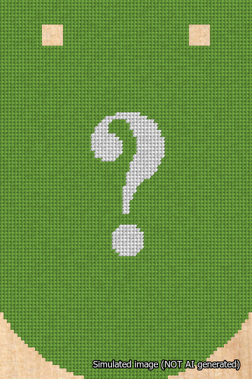 A simulated image of the stitched needlepoint design: Banner 18m Curved Question White on Light Green. Not A.I. generated.