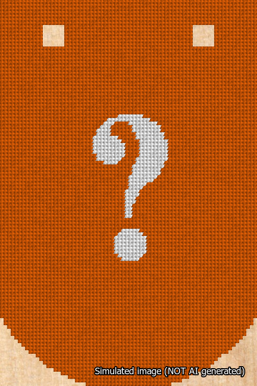 A simulated image of the stitched needlepoint design: Banner 18m Curved Question White on Orange. Not A.I. generated.