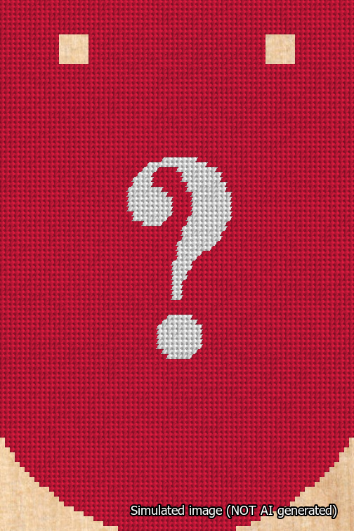 A simulated image of the stitched needlepoint design: Banner 18m Curved Question White on Red. Not A.I. generated.