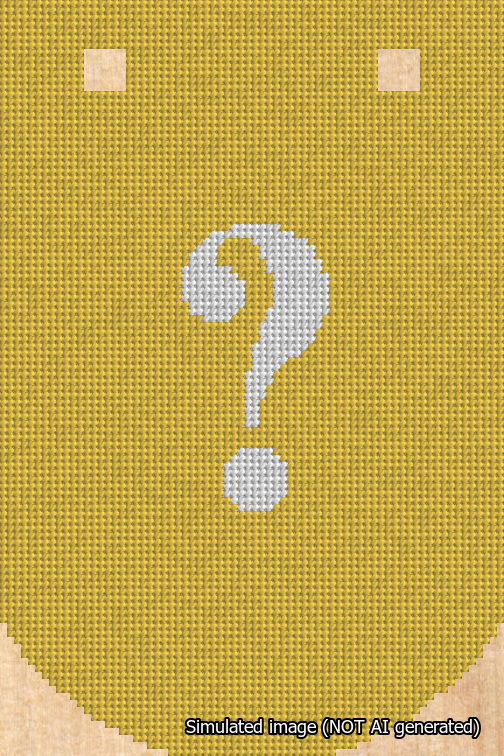 A simulated image of the stitched needlepoint design: Banner 18m Curved Question White on Yellow. Not A.I. generated.