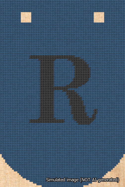 A simulated image of the stitched needlepoint design: Banner 18m Curved R Black on Blue. Not A.I. generated.