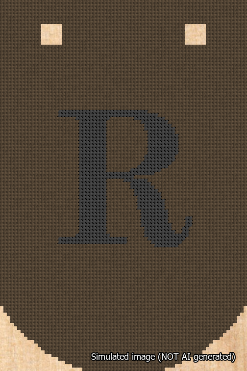 A simulated image of the stitched needlepoint design: Banner 18m Curved R Black on Brown. Not A.I. generated.