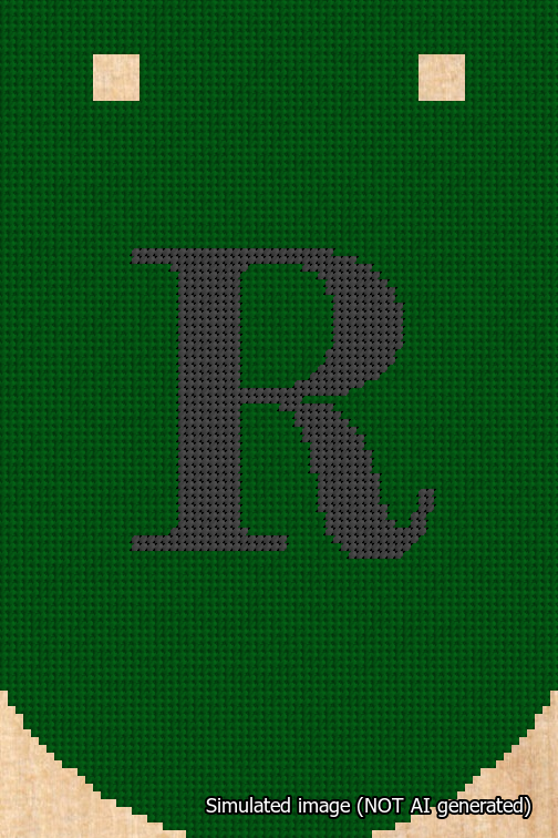 A simulated image of the stitched needlepoint design: Banner 18m Curved R Black on Green. Not A.I. generated.