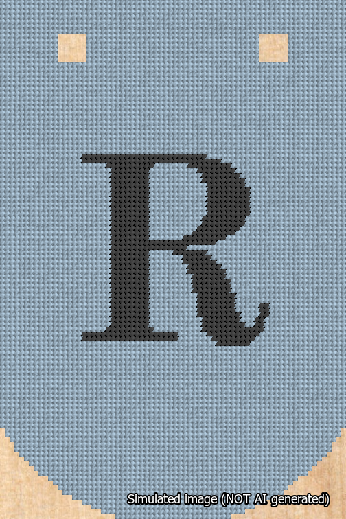 A simulated image of the stitched needlepoint design: Banner 18m Curved R Black on Light Blue. Not A.I. generated.