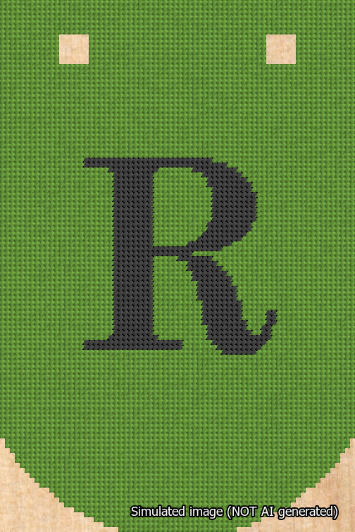 A simulated image of the stitched needlepoint design: Banner 18m Curved R Black on Light Green. Not A.I. generated.