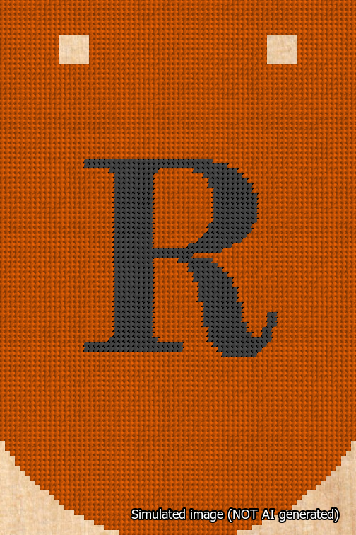 A simulated image of the stitched needlepoint design: Banner 18m Curved R Black on Orange. Not A.I. generated.