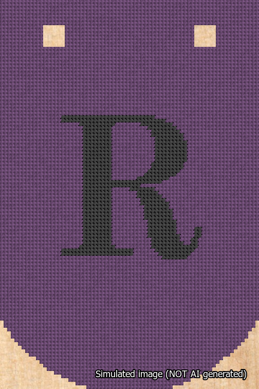 A simulated image of the stitched needlepoint design: Banner 18m Curved R Black on Purple. Not A.I. generated.