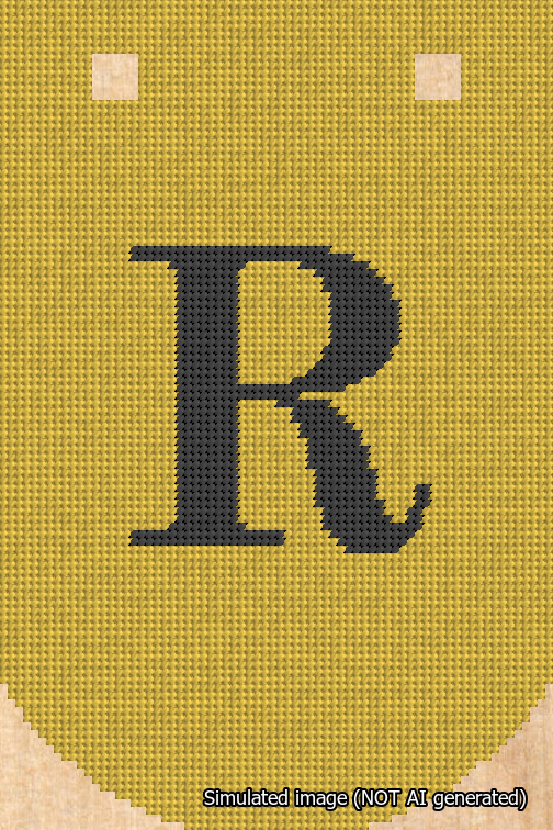 A simulated image of the stitched needlepoint design: Banner 18m Curved R Black on Yellow. Not A.I. generated.