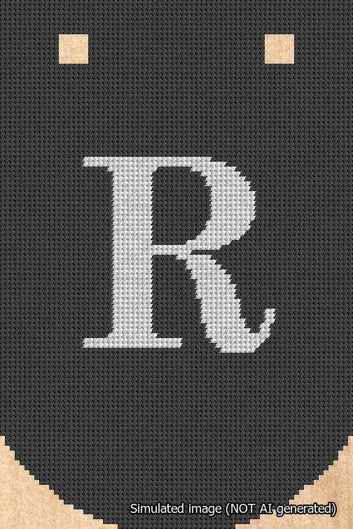 A simulated image of the stitched needlepoint design: Banner 18m Curved R White on Black. Not A.I. generated.