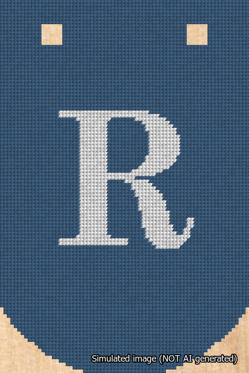 A simulated image of the stitched needlepoint design: Banner 18m Curved R White on Blue. Not A.I. generated.