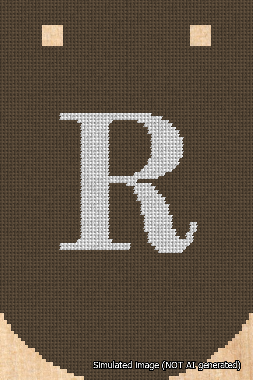 A simulated image of the stitched needlepoint design: Banner 18m Curved R White on Brown. Not A.I. generated.