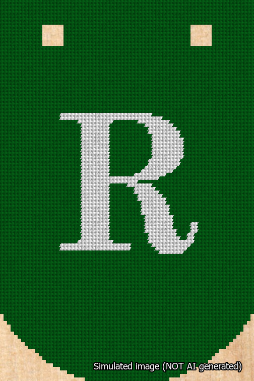 A simulated image of the stitched needlepoint design: Banner 18m Curved R White on Green. Not A.I. generated.