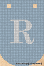 A simulated image of the stitched needlepoint design: Banner 18m Curved R White on Light Blue. Not A.I. generated.