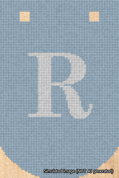 A simulated image of the stitched needlepoint design: Banner 18m Curved R White on Light Blue. Not A.I. generated.