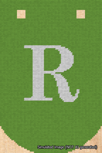 A simulated image of the stitched needlepoint design: Banner 18m Curved R White on Light Green. Not A.I. generated.