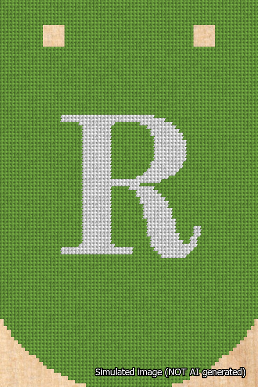 A simulated image of the stitched needlepoint design: Banner 18m Curved R White on Light Green. Not A.I. generated.