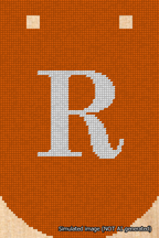 A simulated image of the stitched needlepoint design: Banner 18m Curved R White on Orange. Not A.I. generated.