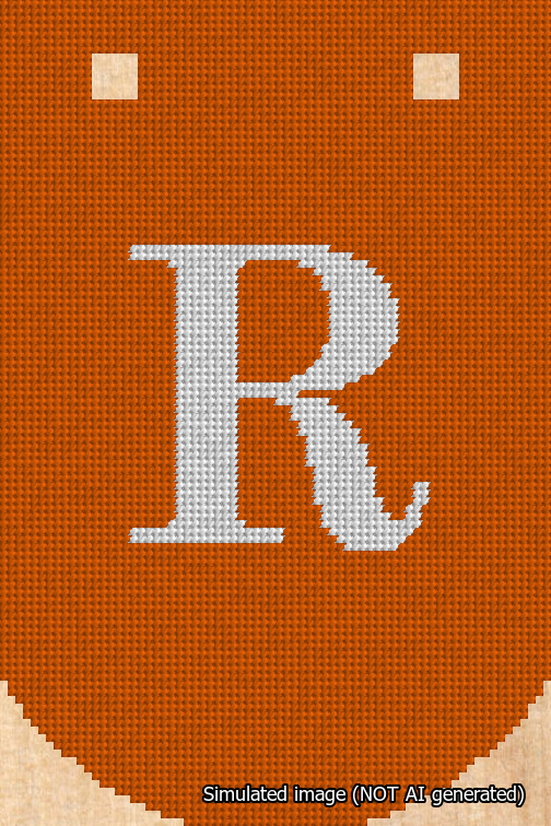 A simulated image of the stitched needlepoint design: Banner 18m Curved R White on Orange. Not A.I. generated.