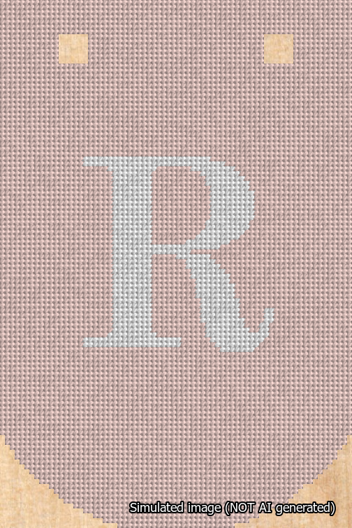 A simulated image of the stitched needlepoint design: Banner 18m Curved R White on Pink. Not A.I. generated.