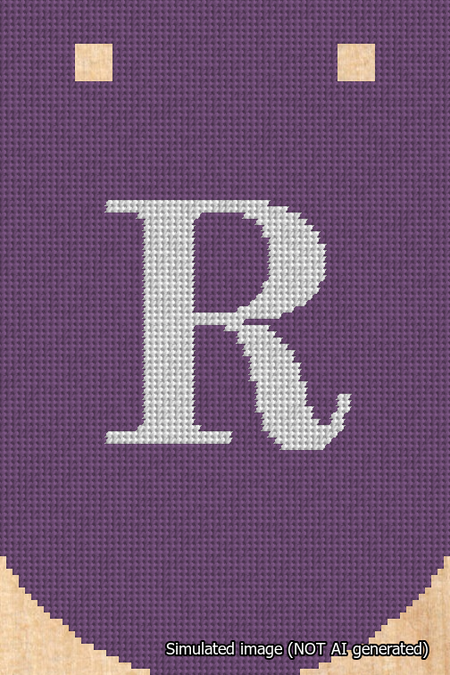 A simulated image of the stitched needlepoint design: Banner 18m Curved R White on Purple. Not A.I. generated.