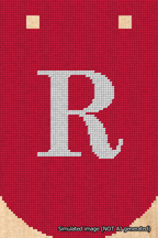A simulated image of the stitched needlepoint design: Banner 18m Curved R White on Red. Not A.I. generated.
