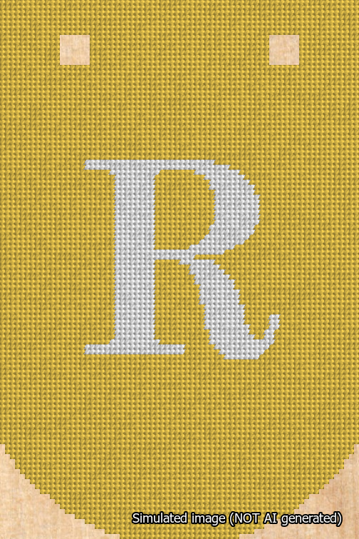 A simulated image of the stitched needlepoint design: Banner 18m Curved R White on Yellow. Not A.I. generated.