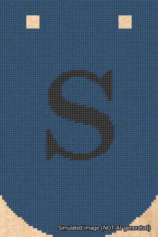 A simulated image of the stitched needlepoint design: Banner 18m Curved S Black on Blue. Not A.I. generated.