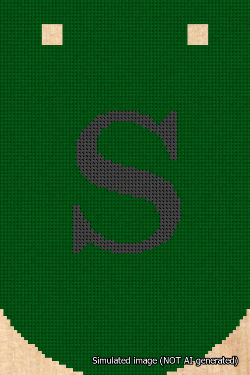 A simulated image of the stitched needlepoint design: Banner 18m Curved S Black on Green. Not A.I. generated.