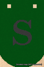 A simulated image of the stitched needlepoint design: Banner 18m Curved S Black on Green. Not A.I. generated.