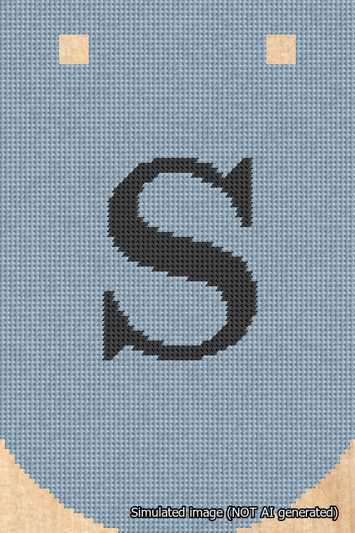 A simulated image of the stitched needlepoint design: Banner 18m Curved S Black on Light Blue. Not A.I. generated.