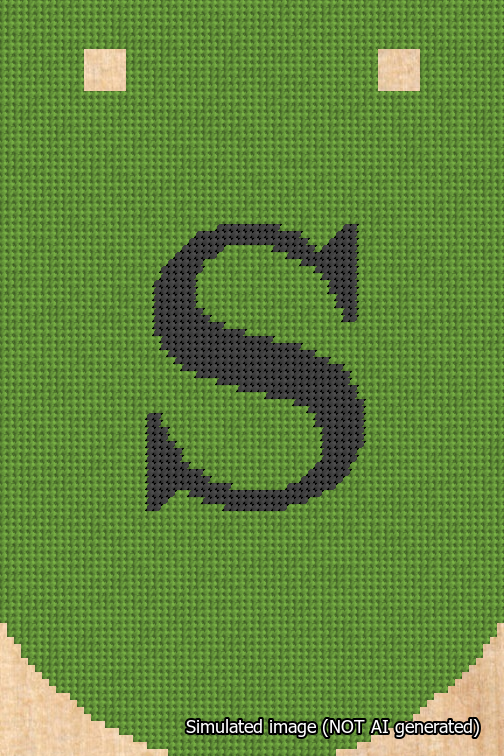 A simulated image of the stitched needlepoint design: Banner 18m Curved S Black on Light Green. Not A.I. generated.