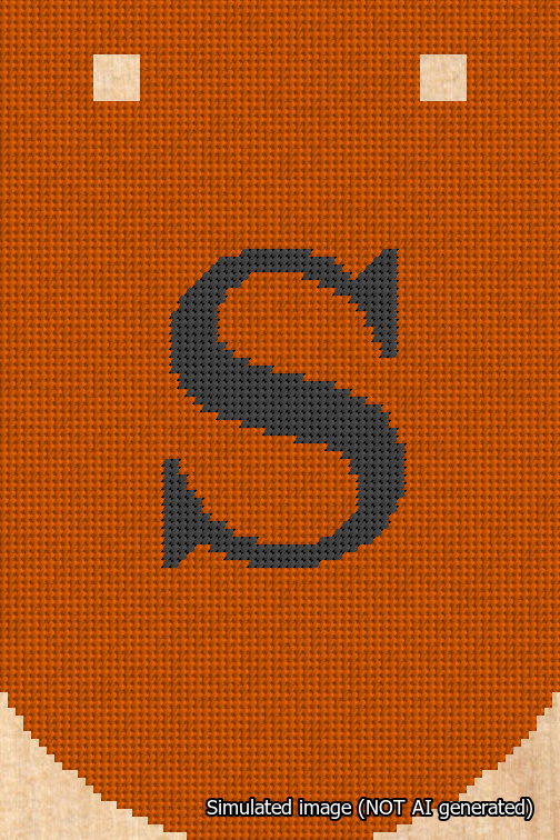 A simulated image of the stitched needlepoint design: Banner 18m Curved S Black on Orange. Not A.I. generated.