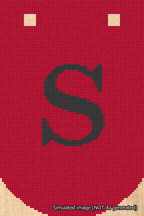 A simulated image of the stitched needlepoint design: Banner 18m Curved S Black on Red. Not A.I. generated.