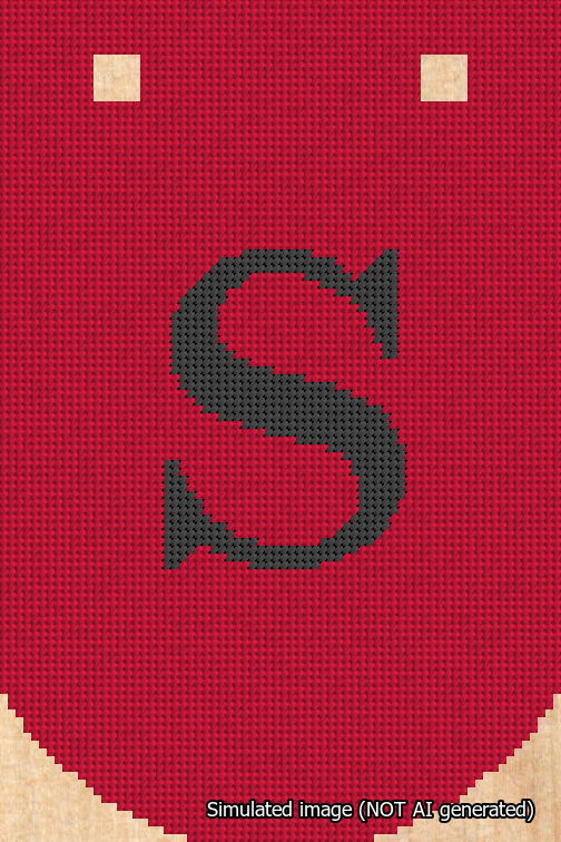 A simulated image of the stitched needlepoint design: Banner 18m Curved S Black on Red. Not A.I. generated.