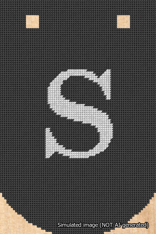 A simulated image of the stitched needlepoint design: Banner 18m Curved S White on Black. Not A.I. generated.