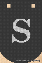 A simulated image of the stitched needlepoint design: Banner 18m Curved S White on Black. Not A.I. generated.