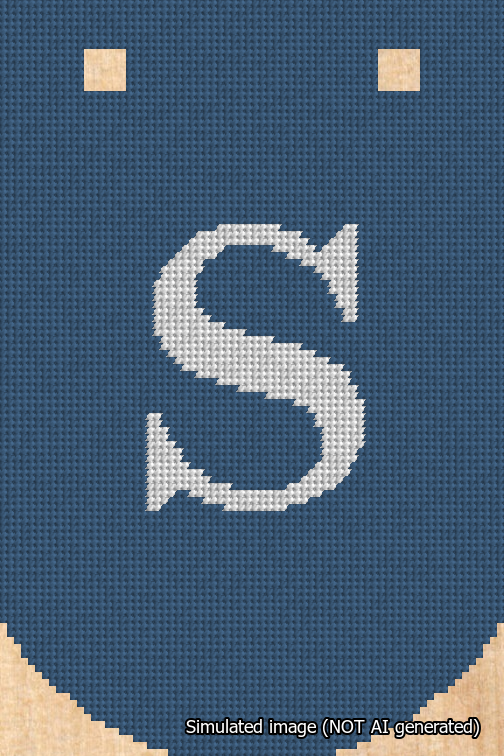 A simulated image of the stitched needlepoint design: Banner 18m Curved S White on Blue. Not A.I. generated.