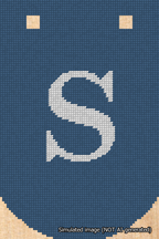 A simulated image of the stitched needlepoint design: Banner 18m Curved S White on Blue. Not A.I. generated.
