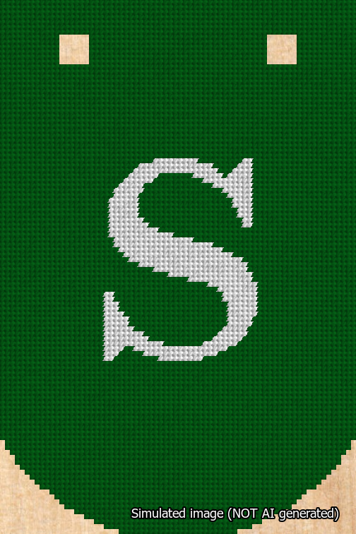 A simulated image of the stitched needlepoint design: Banner 18m Curved S White on Green. Not A.I. generated.