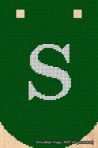 A simulated image of the stitched needlepoint design: Banner 18m Curved S White on Green. Not A.I. generated.