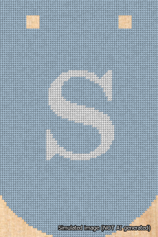 A simulated image of the stitched needlepoint design: Banner 18m Curved S White on Light Blue. Not A.I. generated.