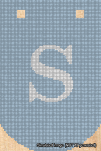 A simulated image of the stitched needlepoint design: Banner 18m Curved S White on Light Blue. Not A.I. generated.