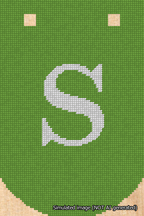 A simulated image of the stitched needlepoint design: Banner 18m Curved S White on Light Green. Not A.I. generated.
