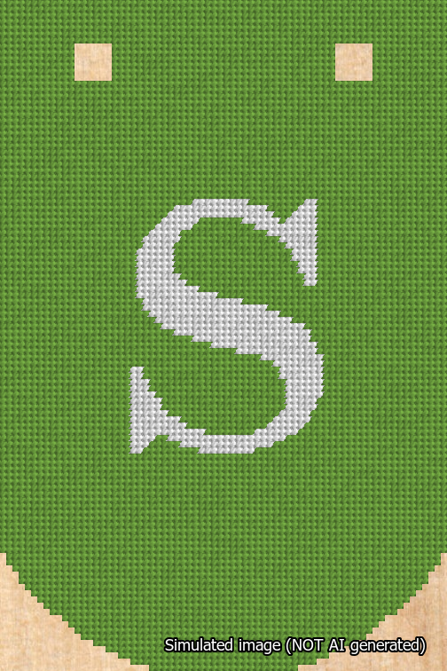 A simulated image of the stitched needlepoint design: Banner 18m Curved S White on Light Green. Not A.I. generated.