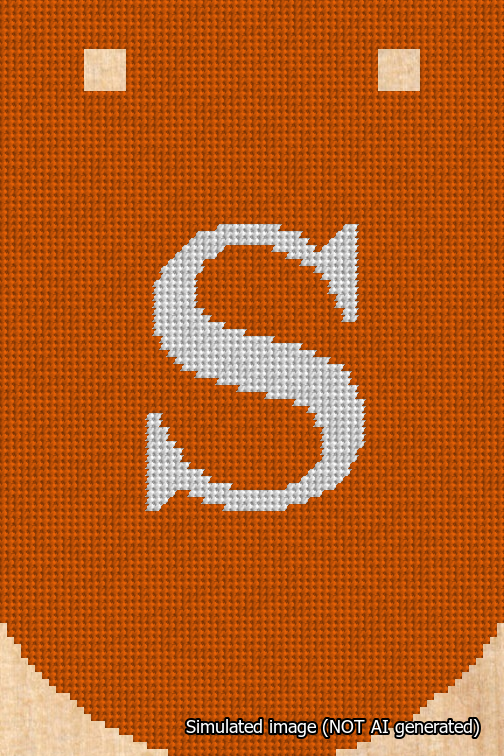 A simulated image of the stitched needlepoint design: Banner 18m Curved S White on Orange. Not A.I. generated.