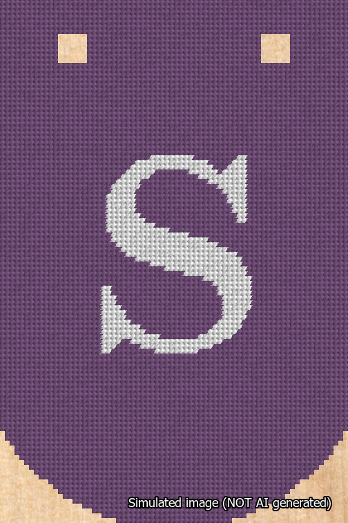 A simulated image of the stitched needlepoint design: Banner 18m Curved S White on Purple. Not A.I. generated.